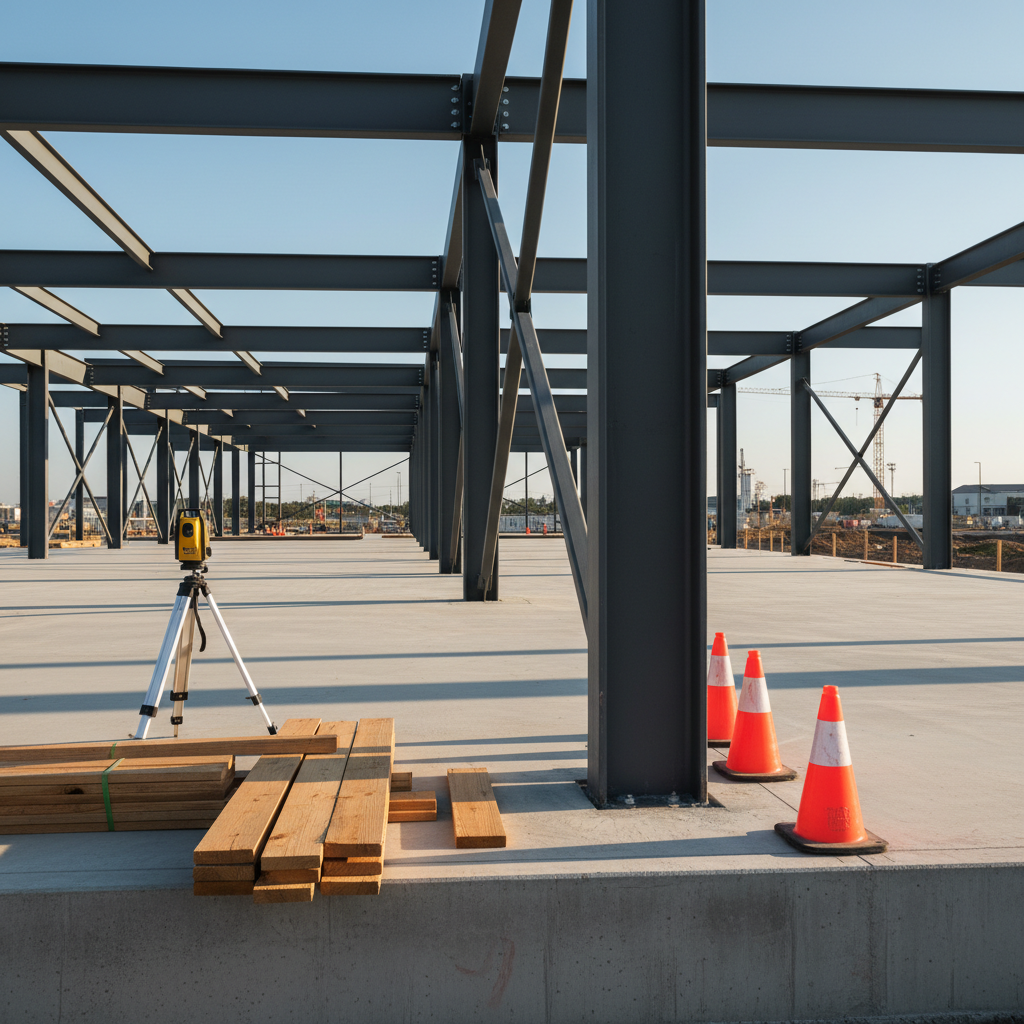 A close-up, eye-level shot of a partially built commercial structure with exposed steel framing in deep charcoal gray, anchored into smooth, freshly poured concrete. In the foreground, neatly stacked lumber with visible grain and warm honey tones lines the edge of the slab, alongside bright orange safety cones and a compact, yellow laser level on a tripod. The background shows a clear, pale blue sky and distant cranes, softly blurred. Late afternoon natural light casts long, defined shadows and warm highlights along the steel beams. The composition uses a strong leading line perspective down the framing, in crisp photographic realism, conveying a mood of progress, strength, and meticulous planning for construction professionals.