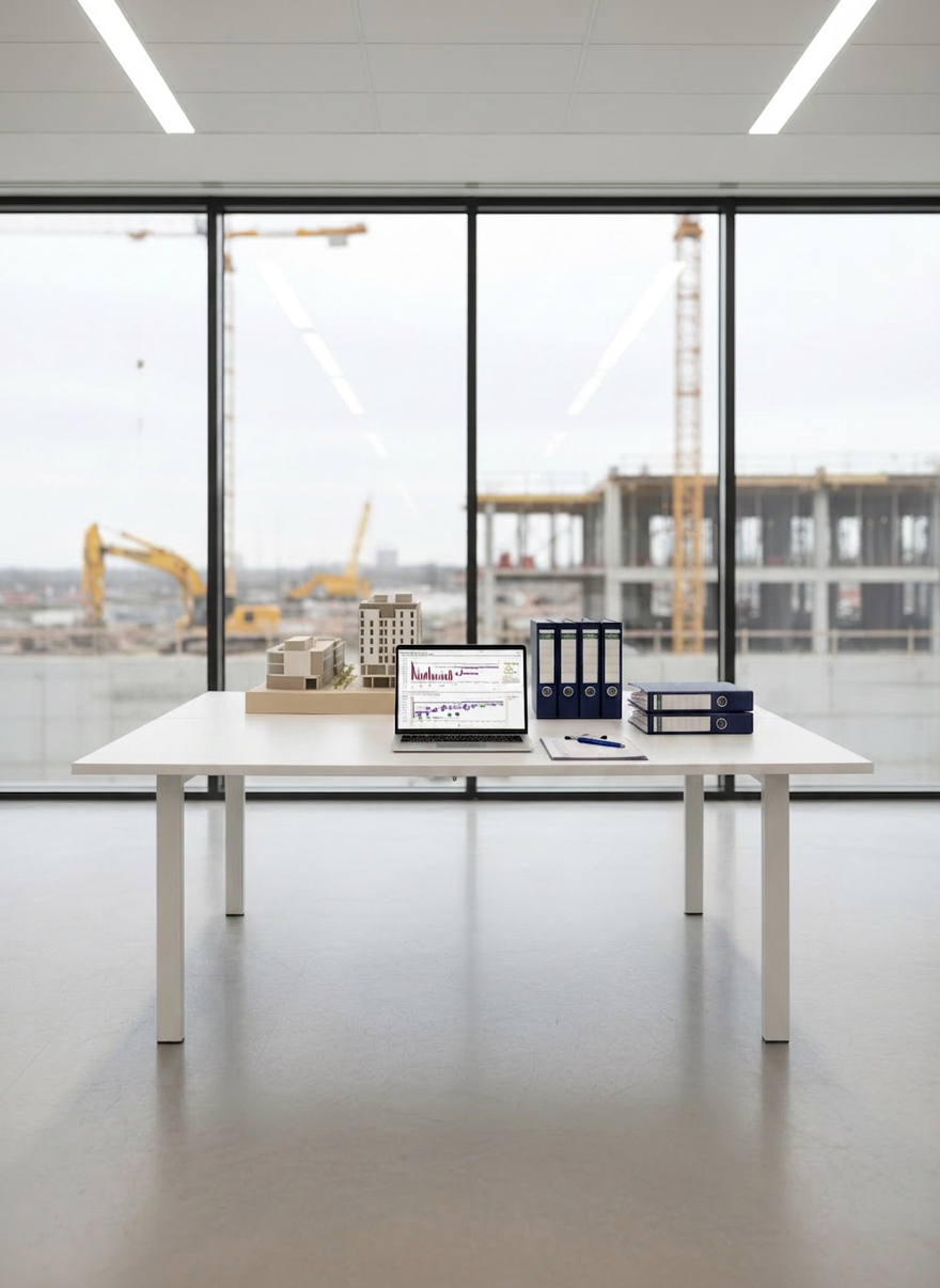 A pristine, modern construction site office interior featuring a long, matte white conference table with sharply defined edges, set on polished concrete flooring. On the table, a slim silver laptop displays a Gantt chart, beside neatly arranged contract binders in navy blue, a metal clipboard with checklists, and a small, scale architectural model of a mixed-use building in neutral tones. Through a large floor-to-ceiling window, a blurred view of an active construction site is visible. Soft, diffused daylight fills the room, balanced by discreet recessed ceiling lights, creating minimal shadows and a clean, professional atmosphere. Photographic realism, with a slightly elevated angle and shallow depth of field focusing on the planning tools, conveys organized project management and high-level oversight in the construction industry.